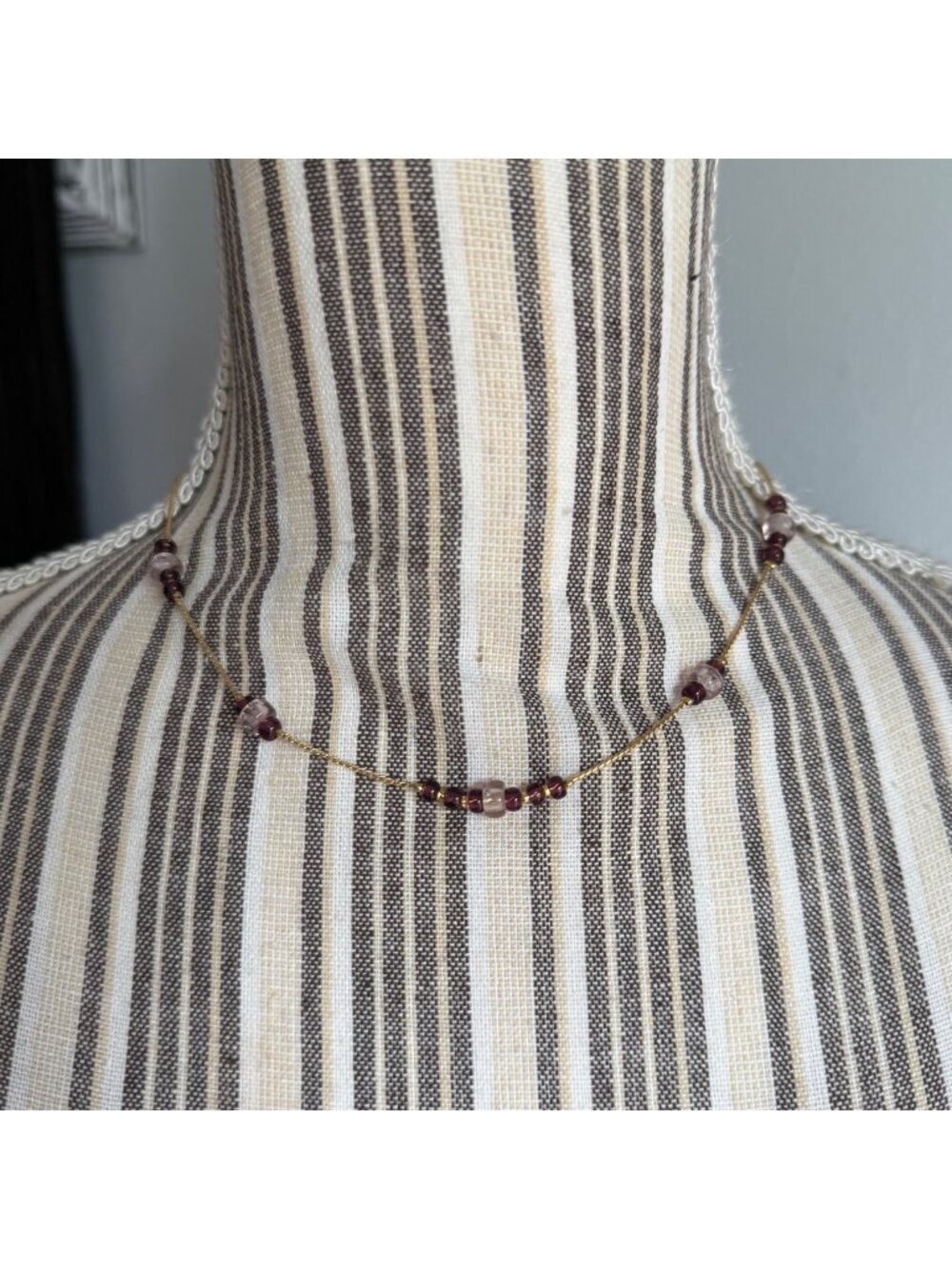 Vintage CH Carolina Herrera Minimalistic Gold-Tone Necklace Purple Clear Beads